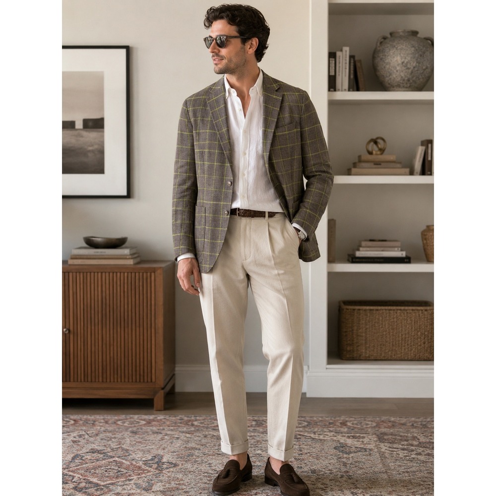 Peter Millar 100% Linen Sport Coat 40S Blazer Brown Green Windowpane Check